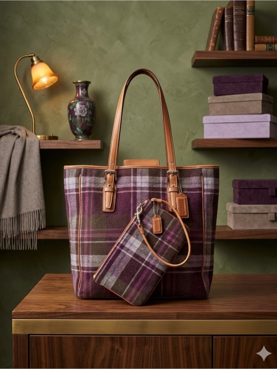 Coach Handbags - Vintage Coach Hampton Tartan Wool Tote Bag & Wristlet Set Purple Plaid EUC